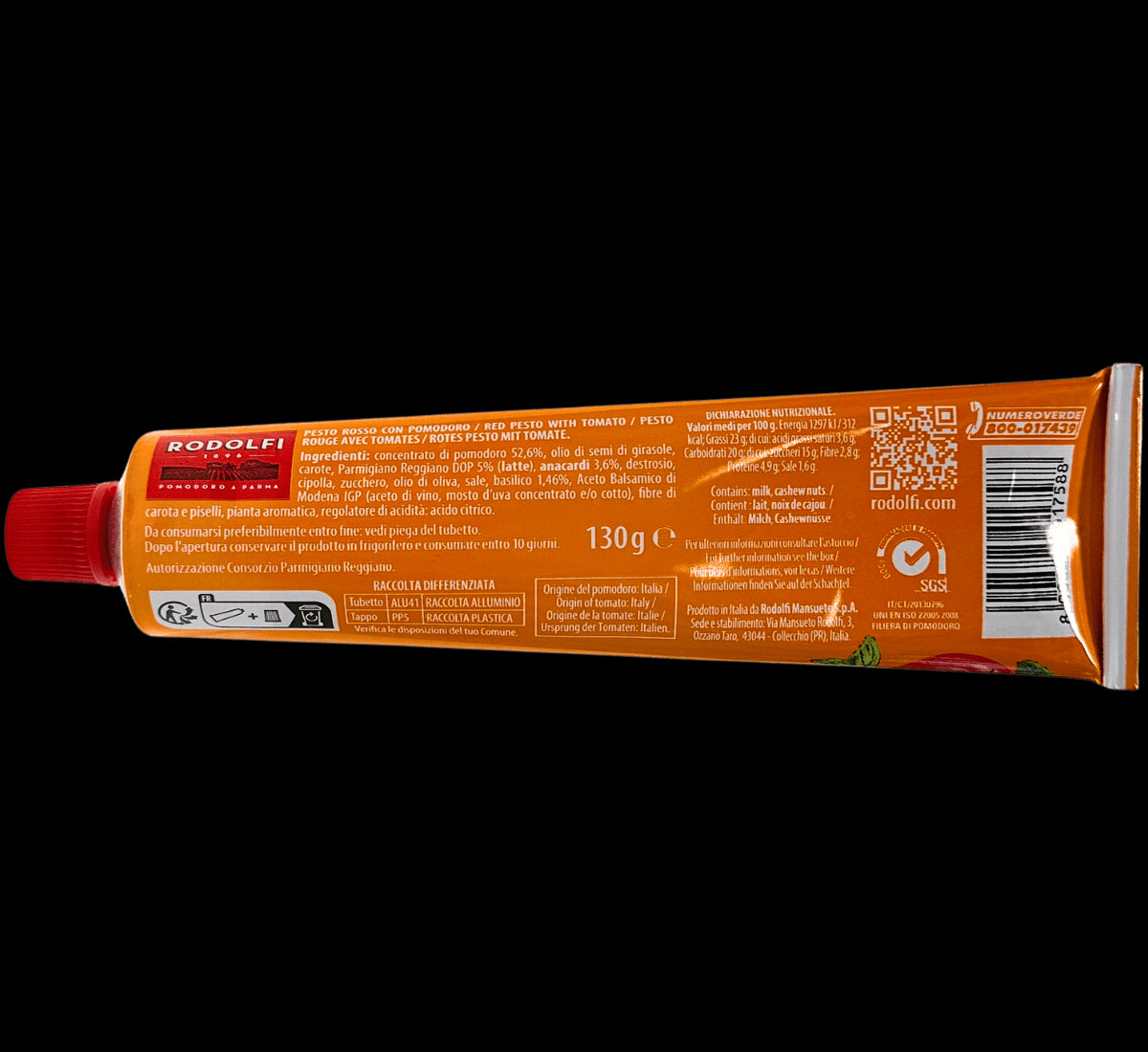 Delizioso pesto rosso Ortolina, presentato in un tubetto rosso da 130g, arricchito con Parmigiano Reggiano DOP e realizzato con ingredienti autenticamente italiani.