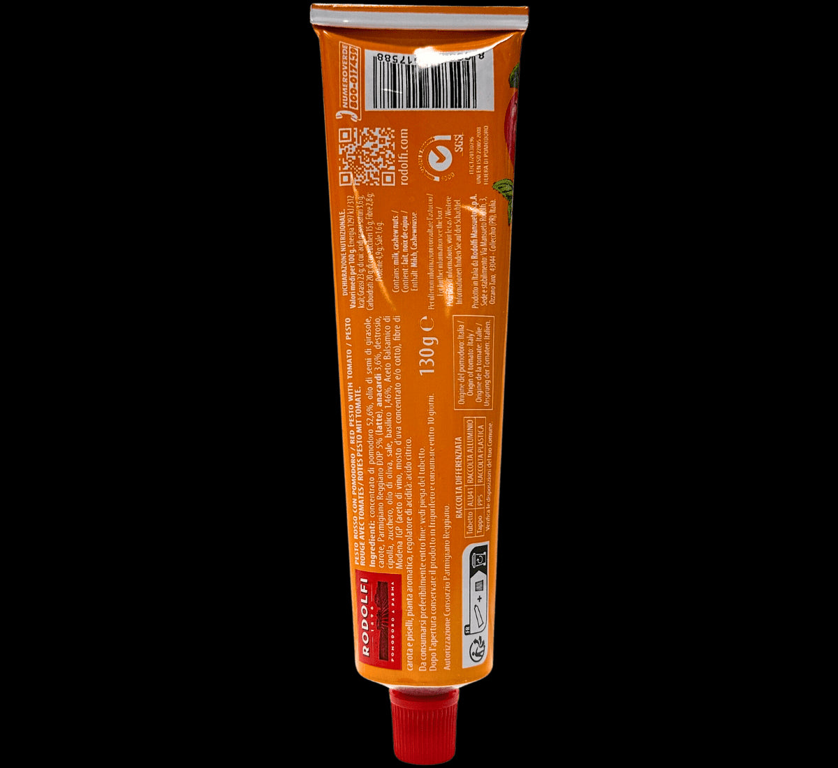 Ortolina offre un tubo di pesto rosso, un'accattivante sinfonia di sapori italiani, arricchita dal Parmigiano Reggiano DOP, pratico e gustoso.