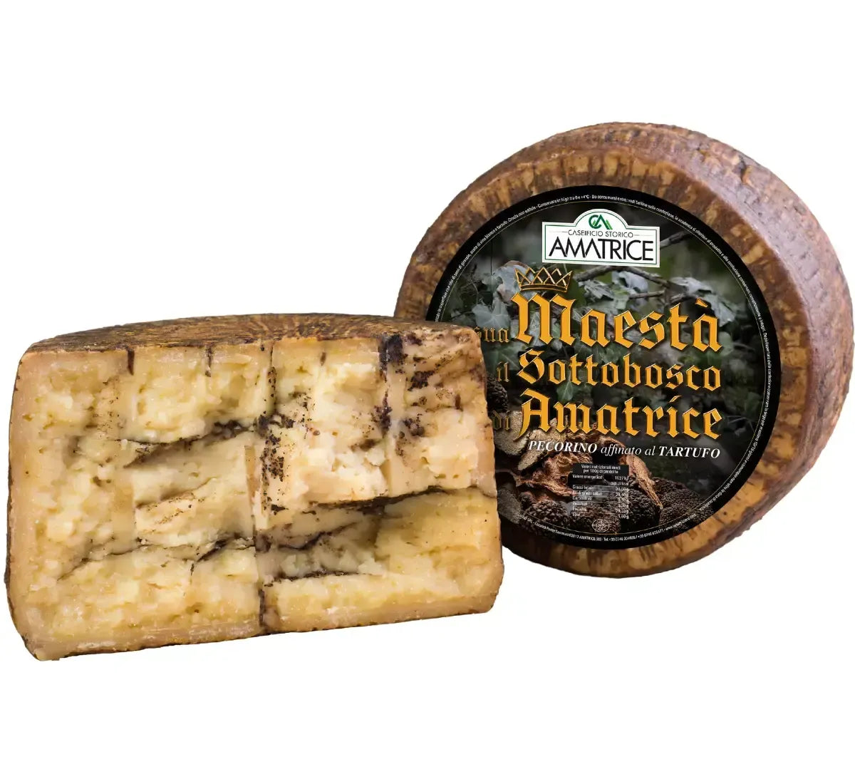 Un formaggio pecorino stagionato con tartufo, avvolto in una crosta rustica di legno, evoca le delizie aromatiche dei boschi di Amatrice.