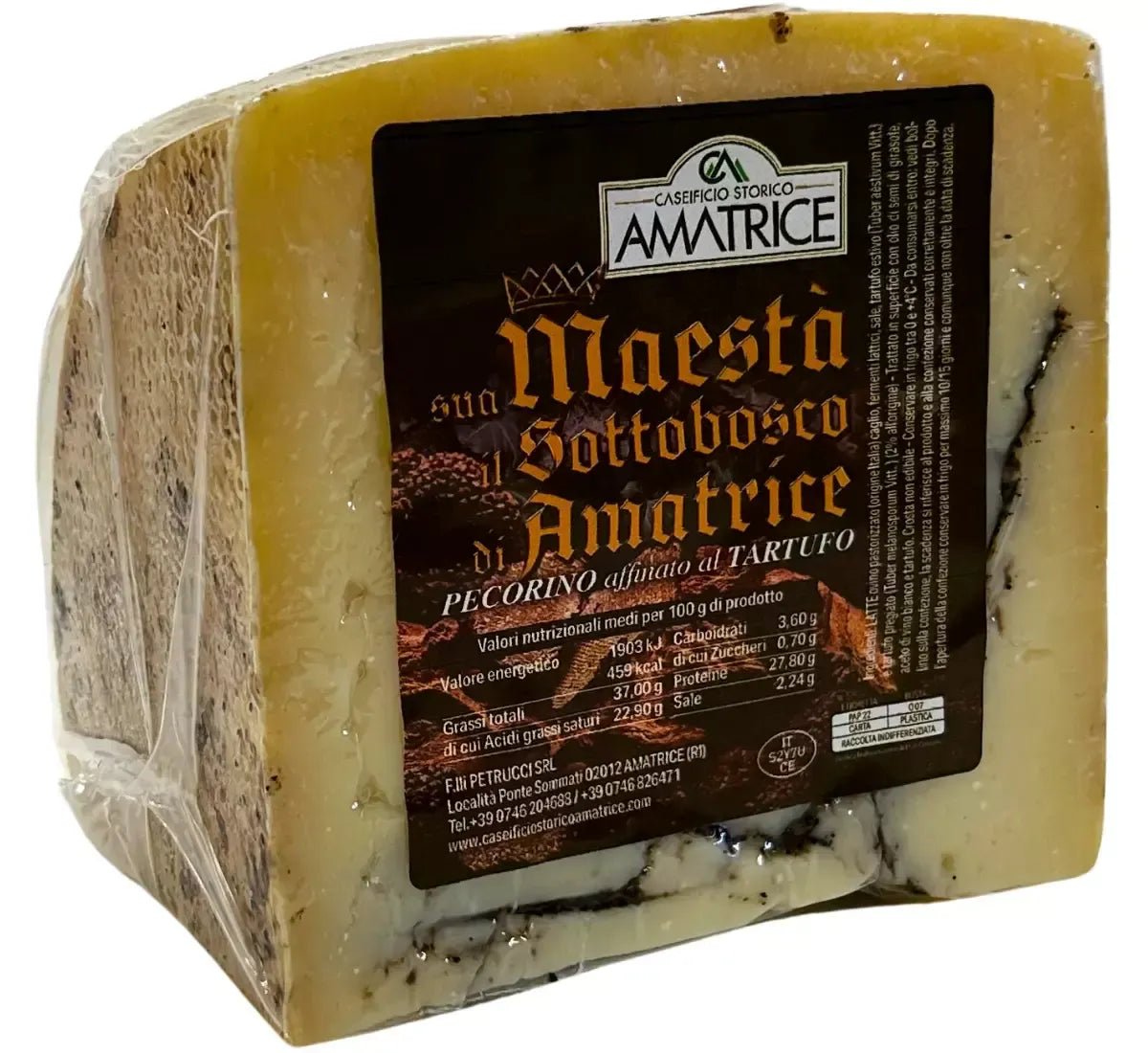 Un pregiato formaggio pecorino stagionato con tartufo, chiamato Sua Maestà il Sottobosco di Amatrice, imballato con etichetta raffinata.
