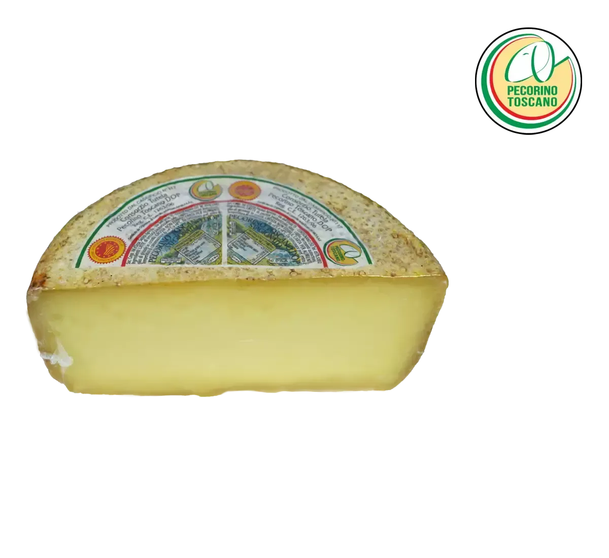 Mostra un Pecorino Toscano DOP stagionato, tagliato a metà. La crosta è dorata e l'interno giallo paglierino, con un gusto intenso e fragrante.