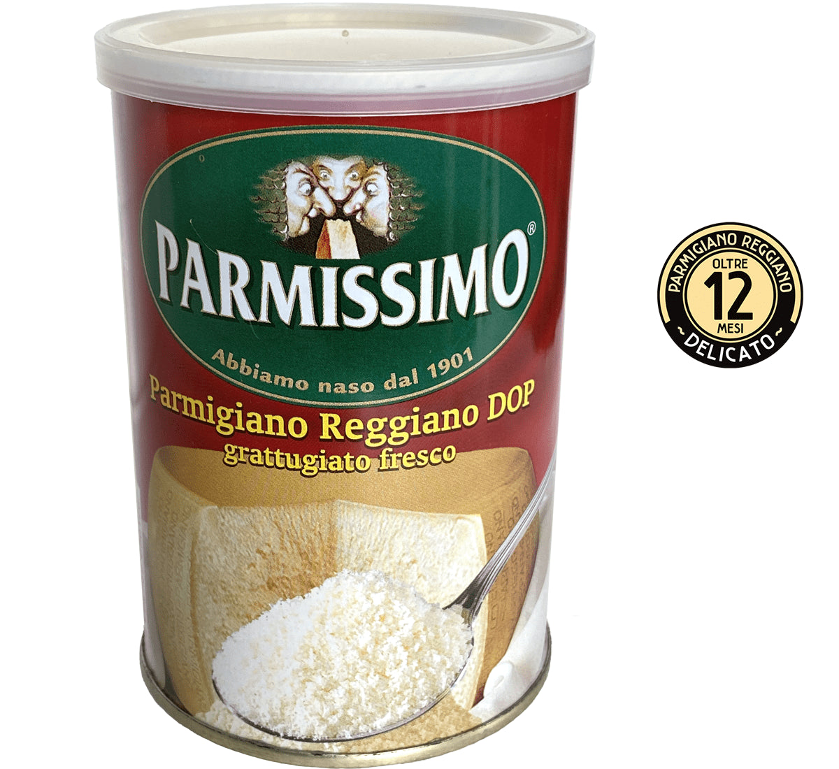 Barattolo fresco e saporito di Parmigiano Reggiano DOP grattugiato Parmissimo, perfetto per esaltare i sapori dei piatti italiani.