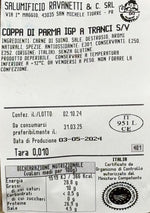 Un'intera Coppa di Parma IGP, maturata per 2 mesi, con etichetta che riporta ingredienti, valori nutrizionali e data di scadenza, prodotto italiano.