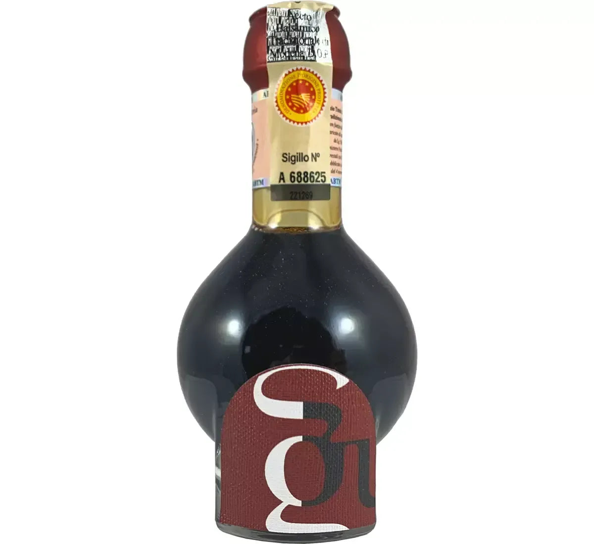 Un'elegante bottiglia di aceto balsamico tradizionale DOP, proveniente da Modena, un prodotto biologico e biodinamico.