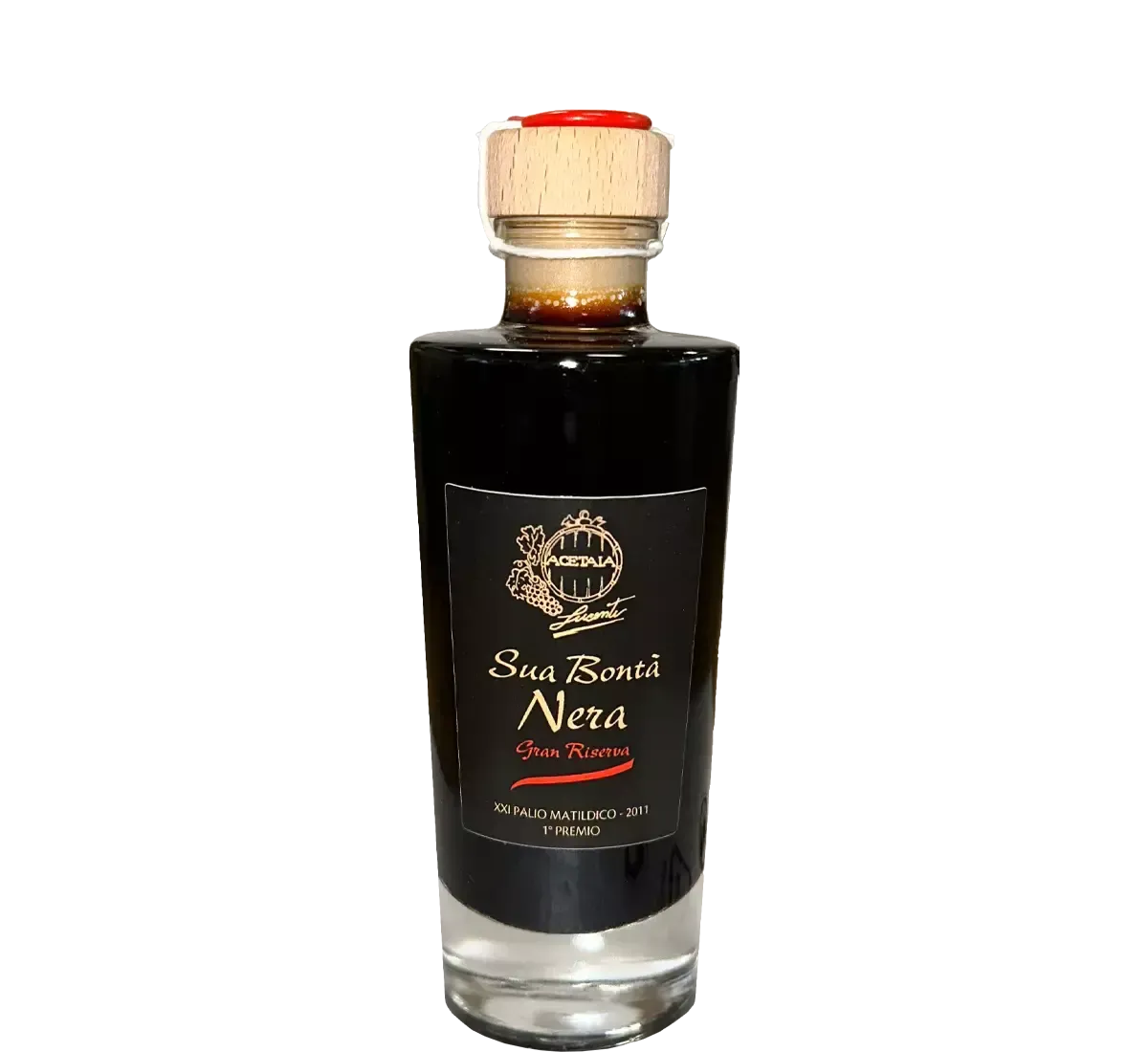 Sua Bontà Nera Condimento Balsamico, Gran Riserva, si presenta in una bottiglia elegante con etichetta nera sofisticata e tappo in legno.