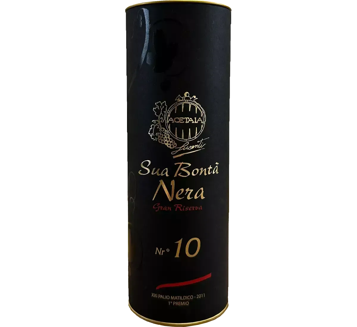 Scopri l'eleganza della bottiglia Sua Bontà Nera Gran Riserva, condimento balsamico dal design nero e dorato con etichetta raffinata.
