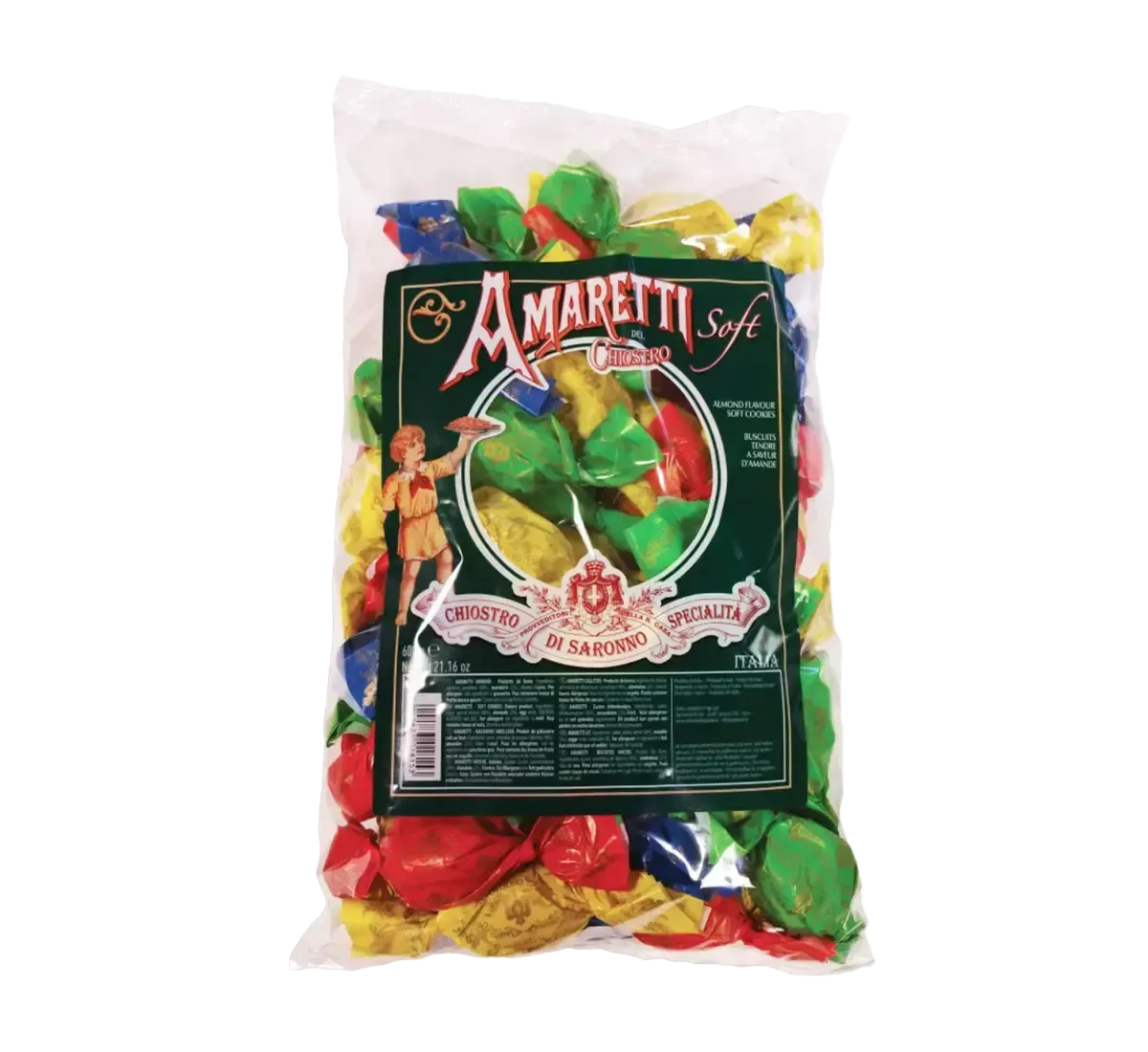 Squisiti Amaretti Morbidi Chiostro di Saronno, confezionati singolarmente, fatti di mandorle dolci e zucchero, in un sacchetto.