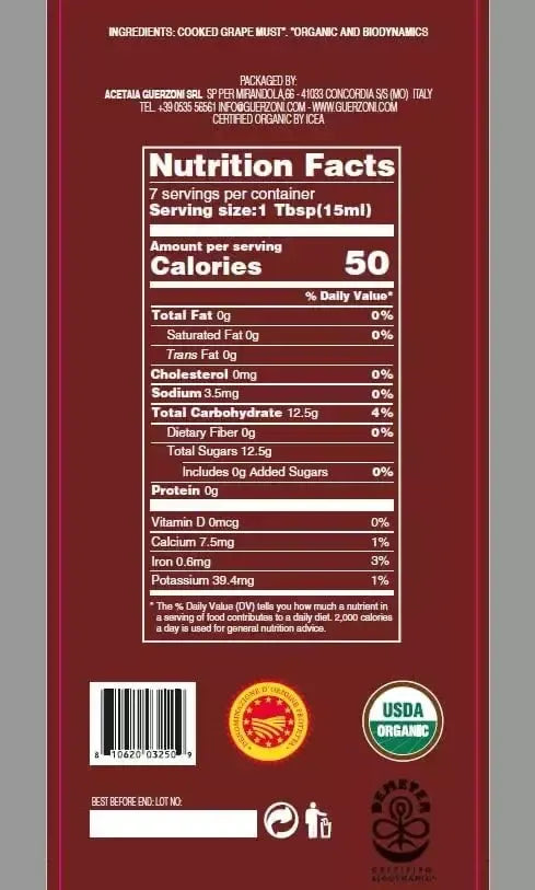 Detail of the back label of an Affinato Traditional Balsamic Vinegar of Modena PDO, revealing nutritional information and organic certifications.