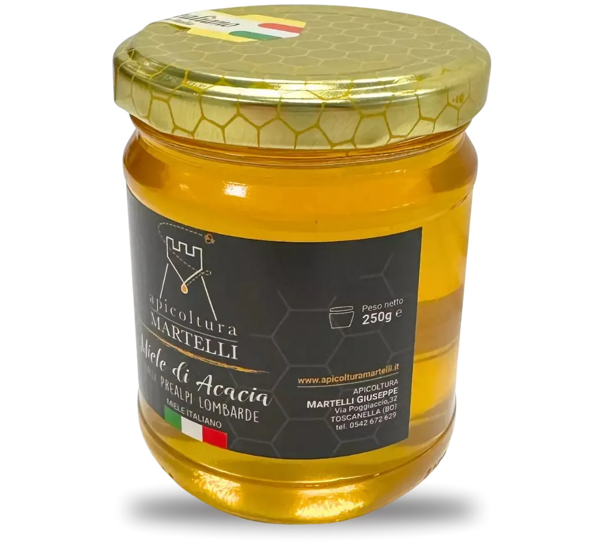 Un barattolo trasparente da 250g di miele d'acacia dell'Apicoltura Martelli, l'oro liquido delle Prealpi Lombarde, con etichetta.