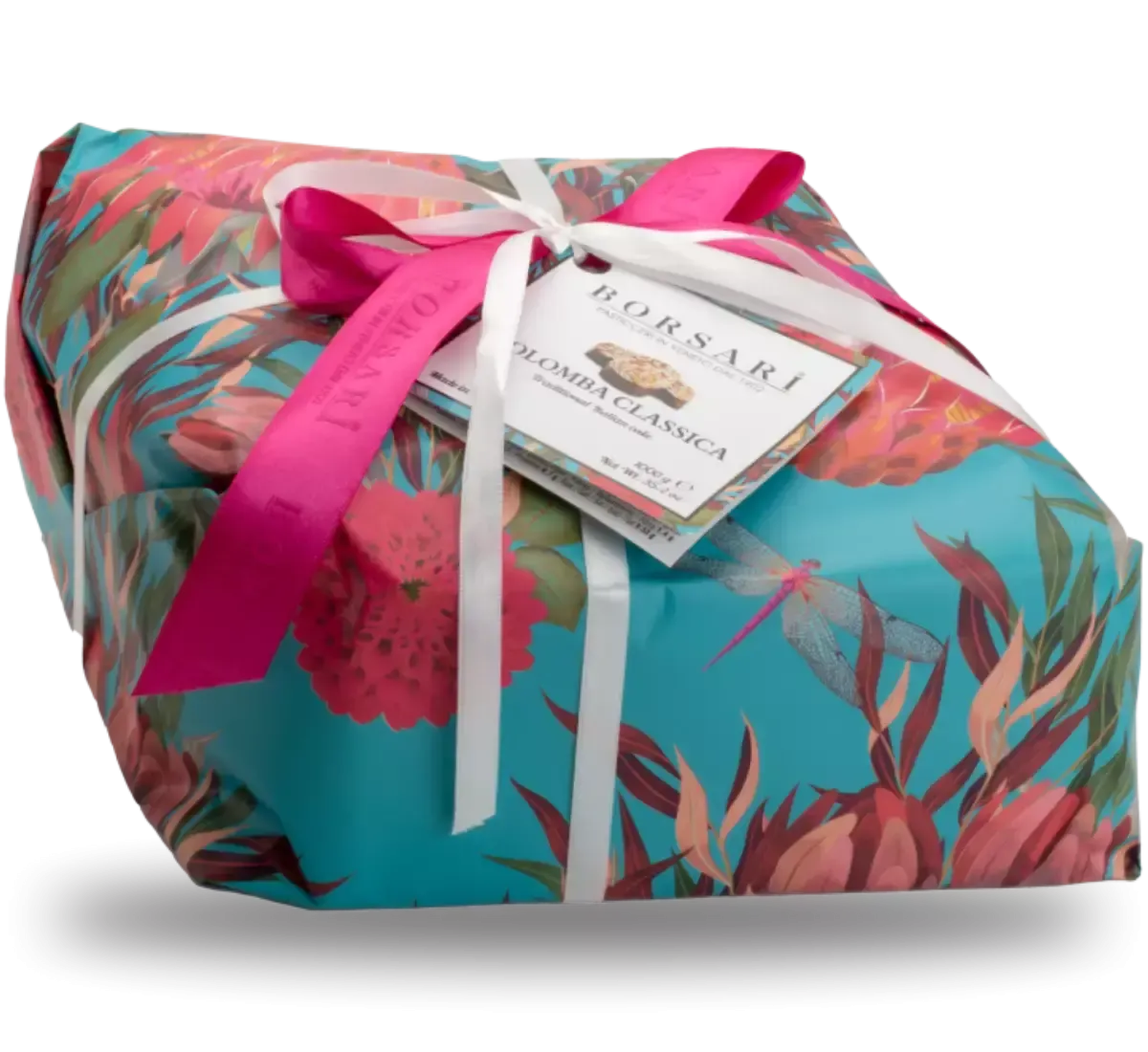 Invito a un'esperienza pasquale dolce con una Colomba Classica, avvolta in nastri rosa e bianchi, all'interno di una confezione colorata a tema floreale.