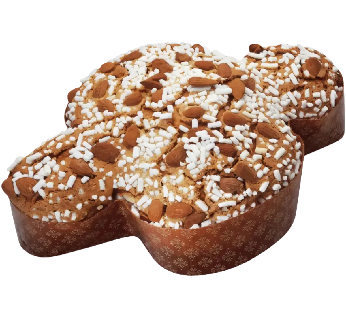 Un'invitante colomba pasquale dorata, arricchita con arancia candita, impreziosita da una croccante glassa alle mandorle e granella di zucchero. Festa per il palato.