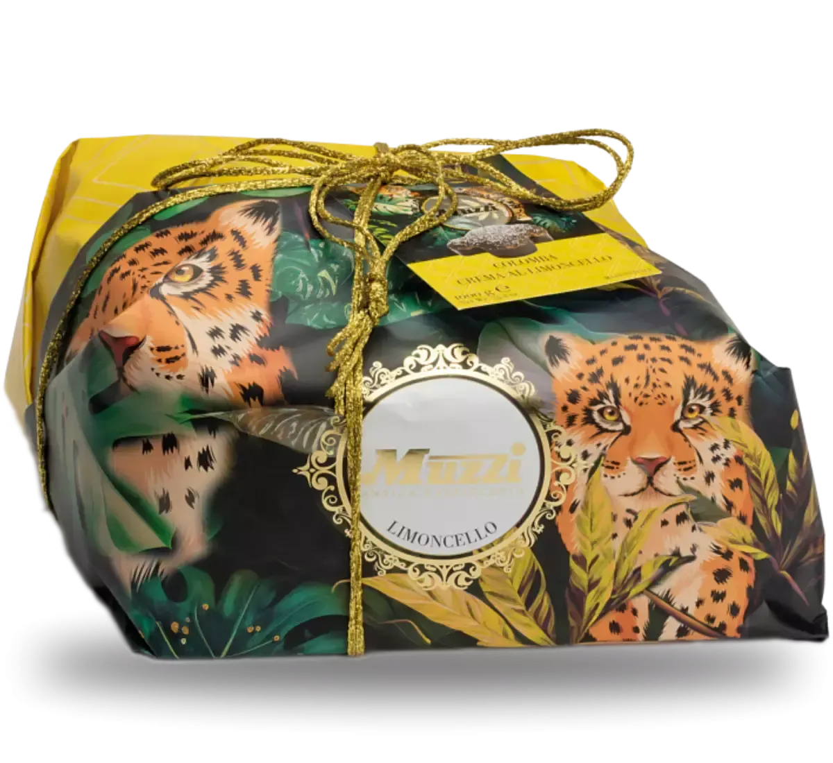 Un'elegante confezione animalier contiene una Colomba Limoncello, arricchita da crema di limoncello e glassa di cioccolato, per un gusto sofisticato.