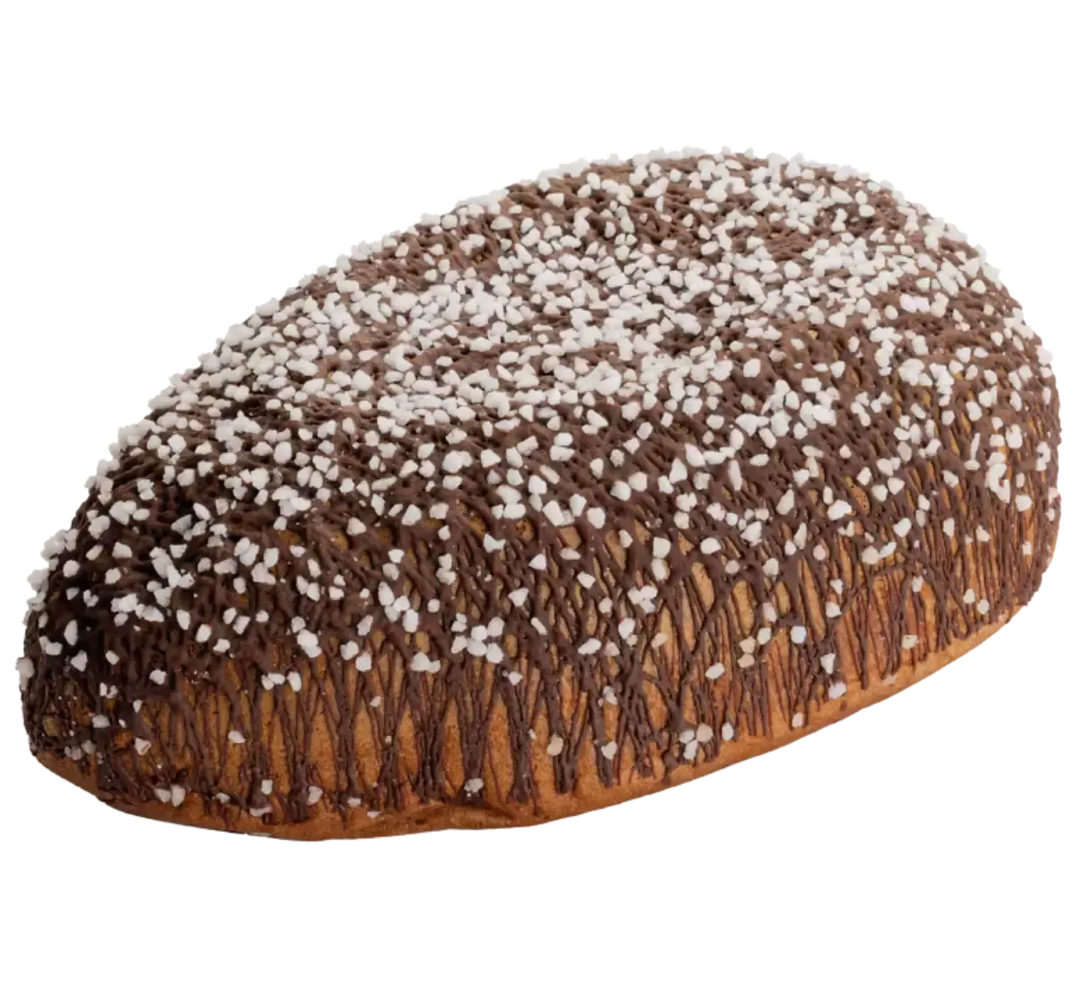 Goditi una colazione indulgente con l'Ovo Borsari, un pane dolce arricchito da crema gianduia e glassa al cioccolato, impreziosito da granella.