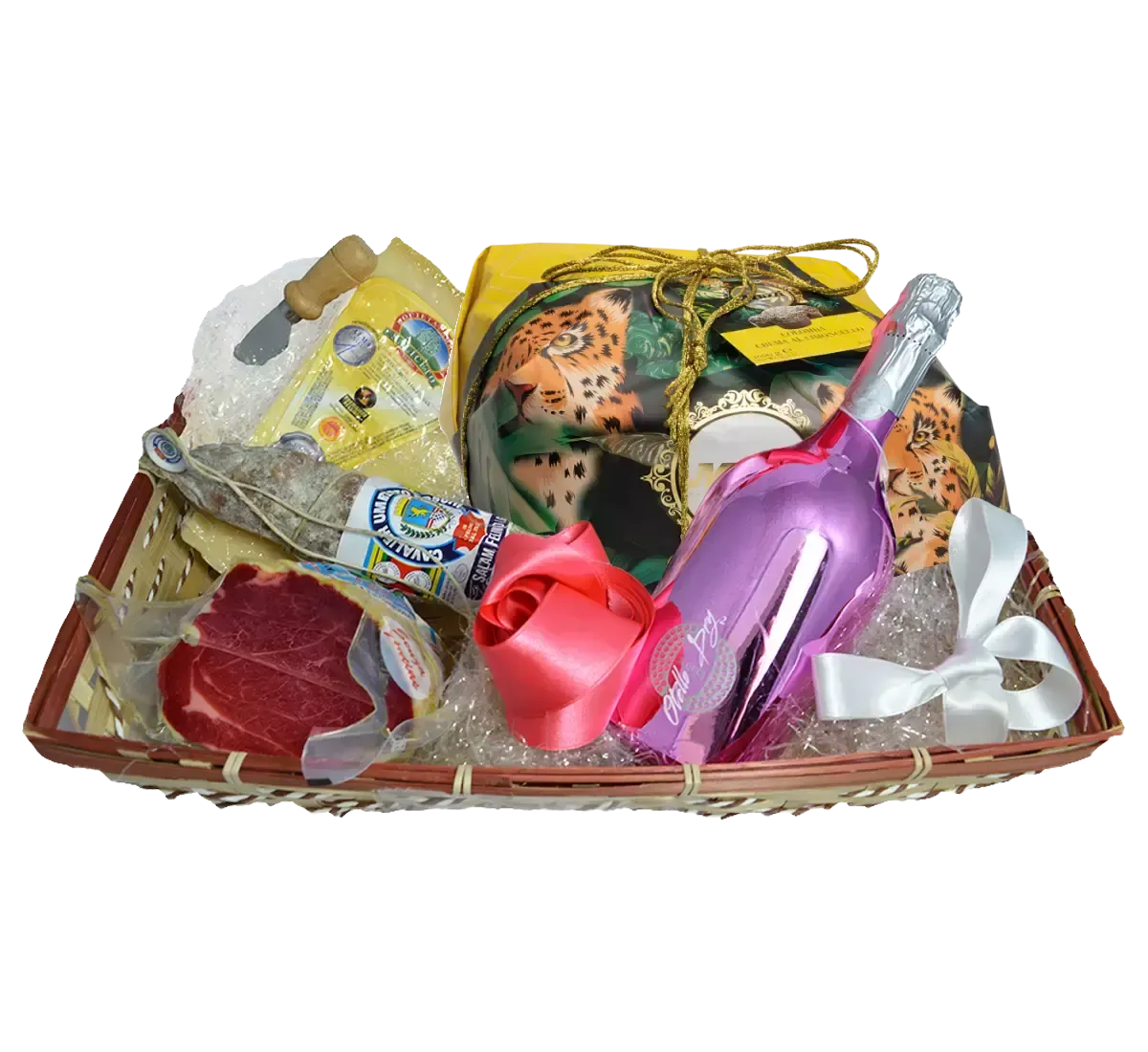 Una cesta de Pascua rosa que celebra una fiesta de sabores únicos con Colomba al Limoncello, salumi refinado, Parmigiano y Otello Brut.