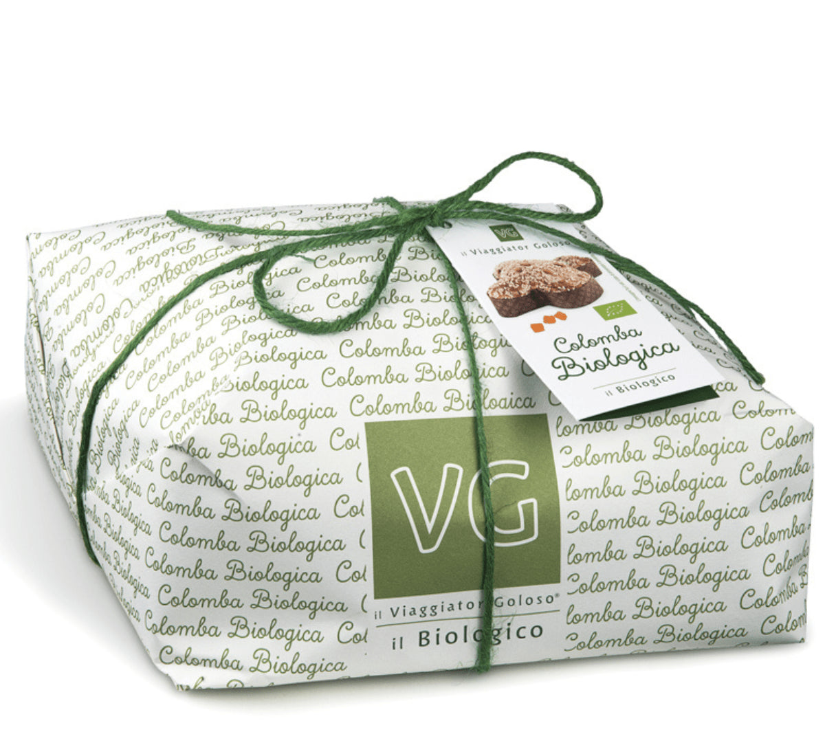Un cesto pasquale biologico che presenta una colomba artigianale, splendidamente avvolto in carta di alta qualità con un fiocco verde, ideale per un dono significativo.