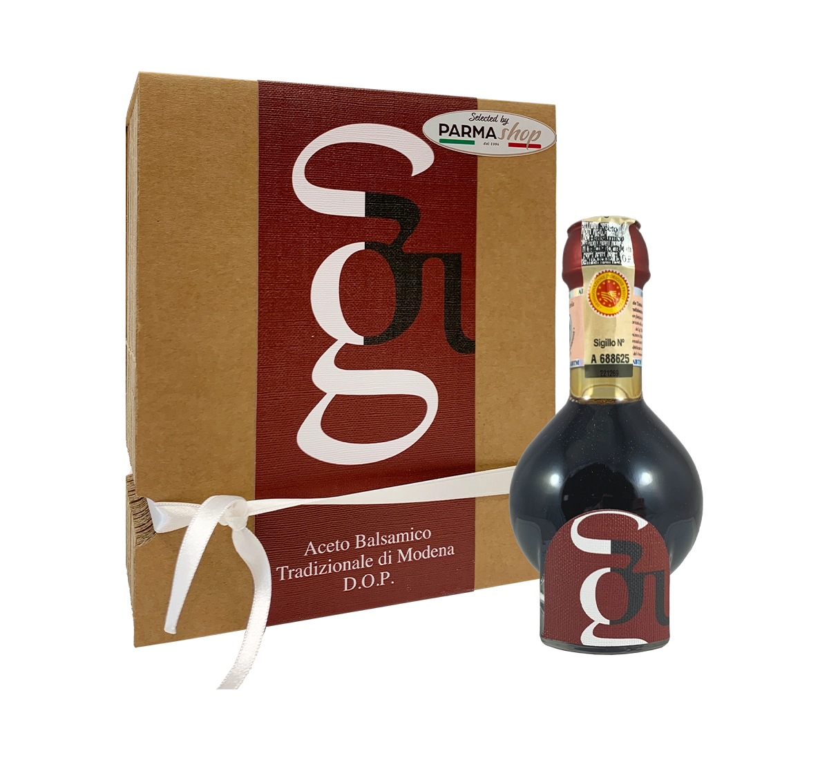 Elegante confezione regalo che custodisce una preziosa bottiglia di aceto balsamico tradizionale di Modena DOP, invecchiato 12 anni.