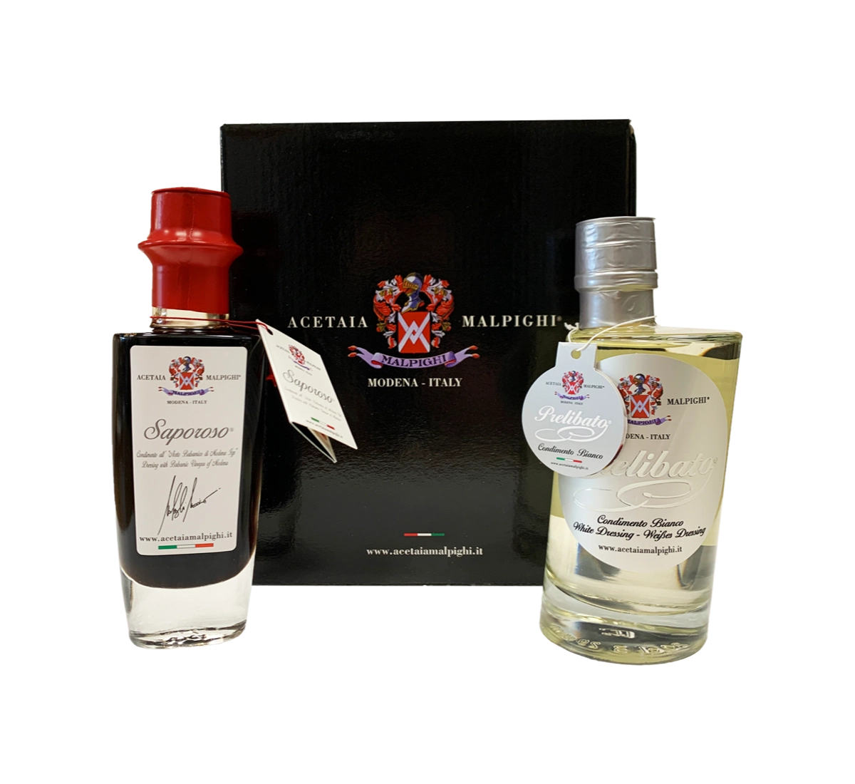 An elegant Terra & Mare gourmet box set, with the exclusive Saporoso di Modena and the delicious white vinegar, ideal for enhancing the refinement of your dishes.