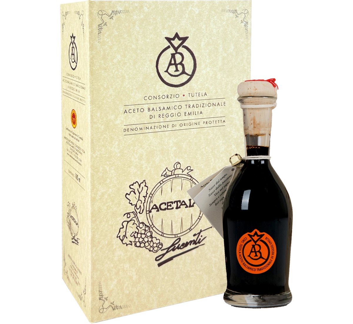 Una bottiglia di Aceto Balsamico Tradizionale DOP di Reggio Emilia, distintiva per il suo Bollino Aragosta, maturato per 12 anni, presentato in un packaging raffinato.