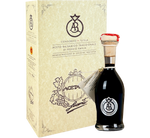 Elegante bottiglia di Aceto Balsamico Tradizionale di Reggio Emilia DOP Argento, maturato per 20 anni, presentato in una raffinata scatola.