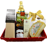 Scopri il cesto gourmet natalizio, ricco di Parmigiano Reggiano, panettone balsamico, pasta e vino, per un viaggio autentico nei sapori italiani.