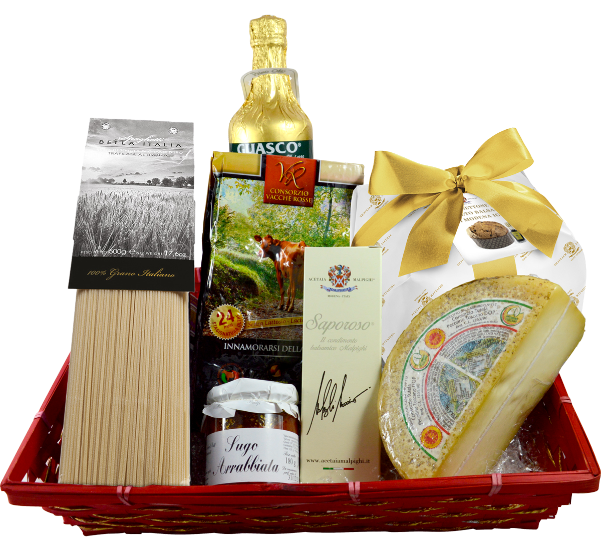 Scopri il cesto gourmet natalizio, ricco di Parmigiano Reggiano, panettone balsamico, pasta e vino, per un viaggio autentico nei sapori italiani.