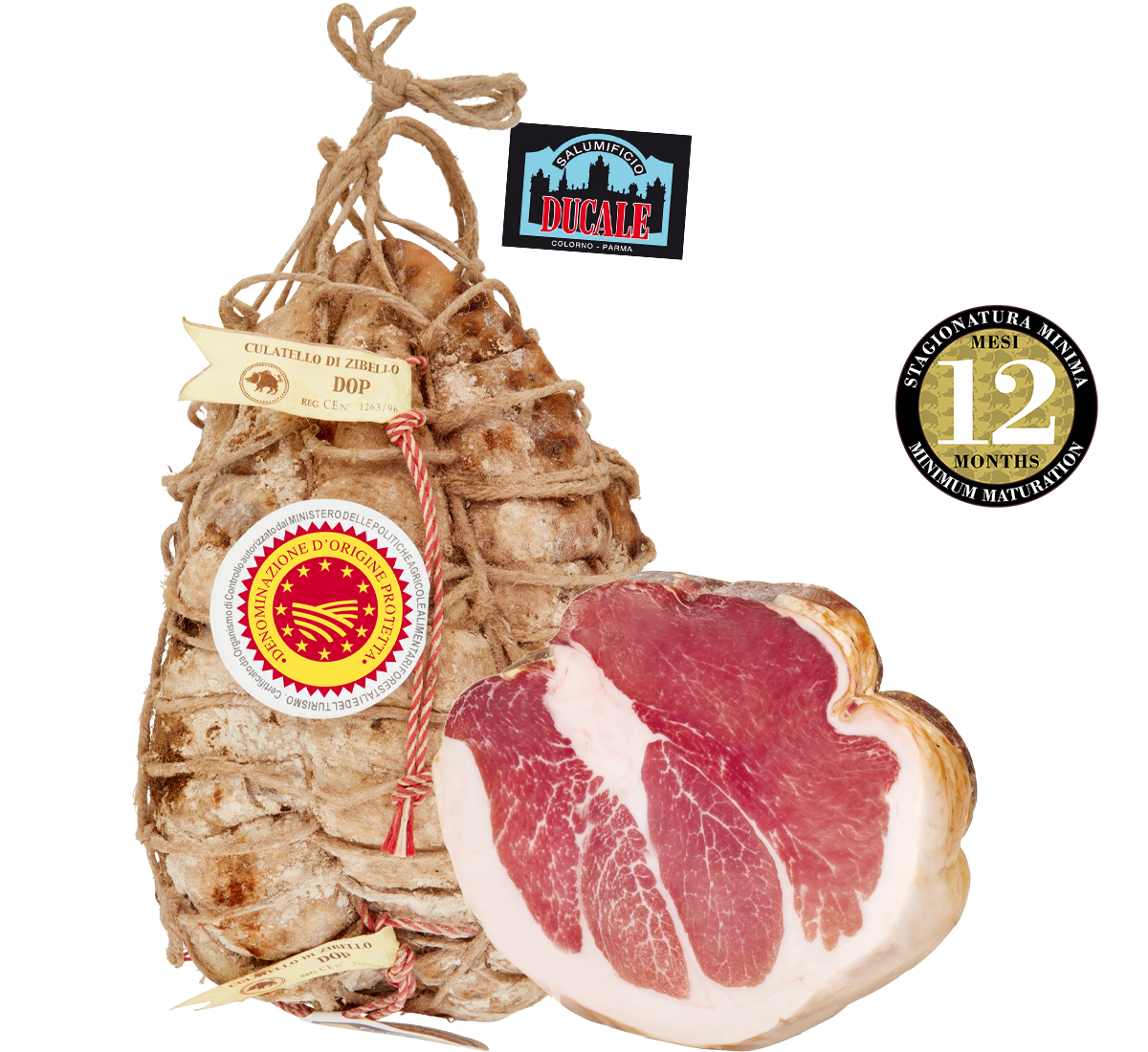 Metà di un Culatello di Zibello DOP, stagionato per 12 mesi, legato con corda e adornato da etichette artigianali e un sigillo di qualità.
