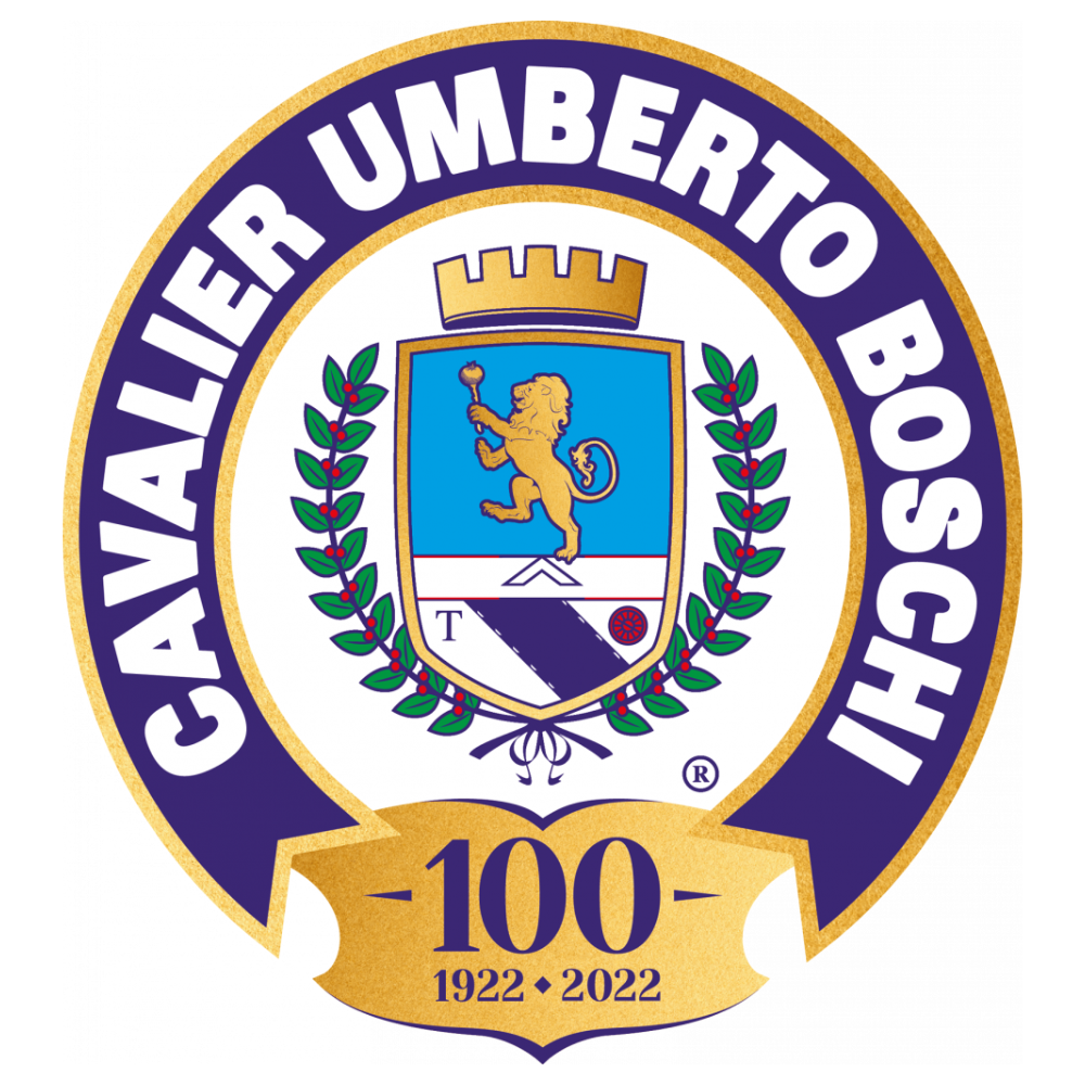 Logo celebrativo Cavaliere Umberto Boschi, 100 anni di tradizione e eccellenza dal 1922 al 2022, con stemma araldico.