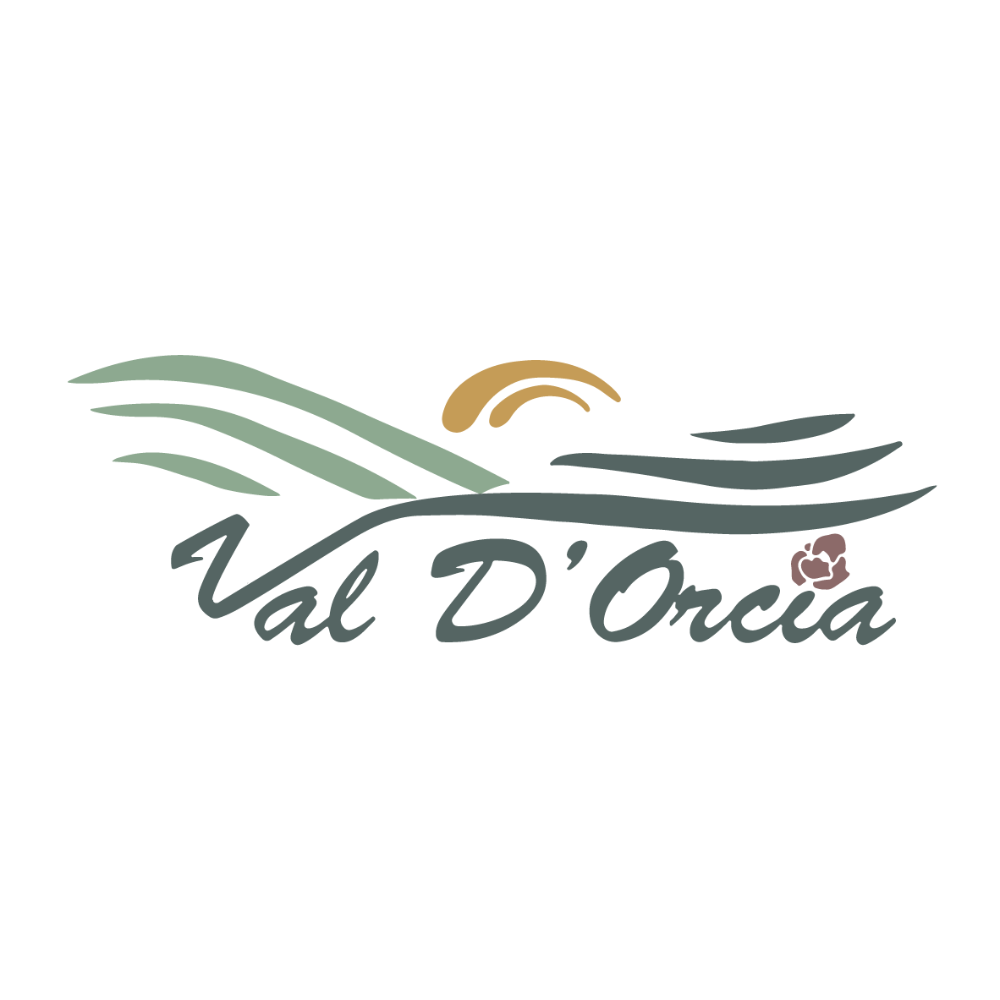 Logo del Caseificio Val d'Orcia, un paesaggio collinare stilizzato con un sole nascente, simboleggiando tradizione e qualità.