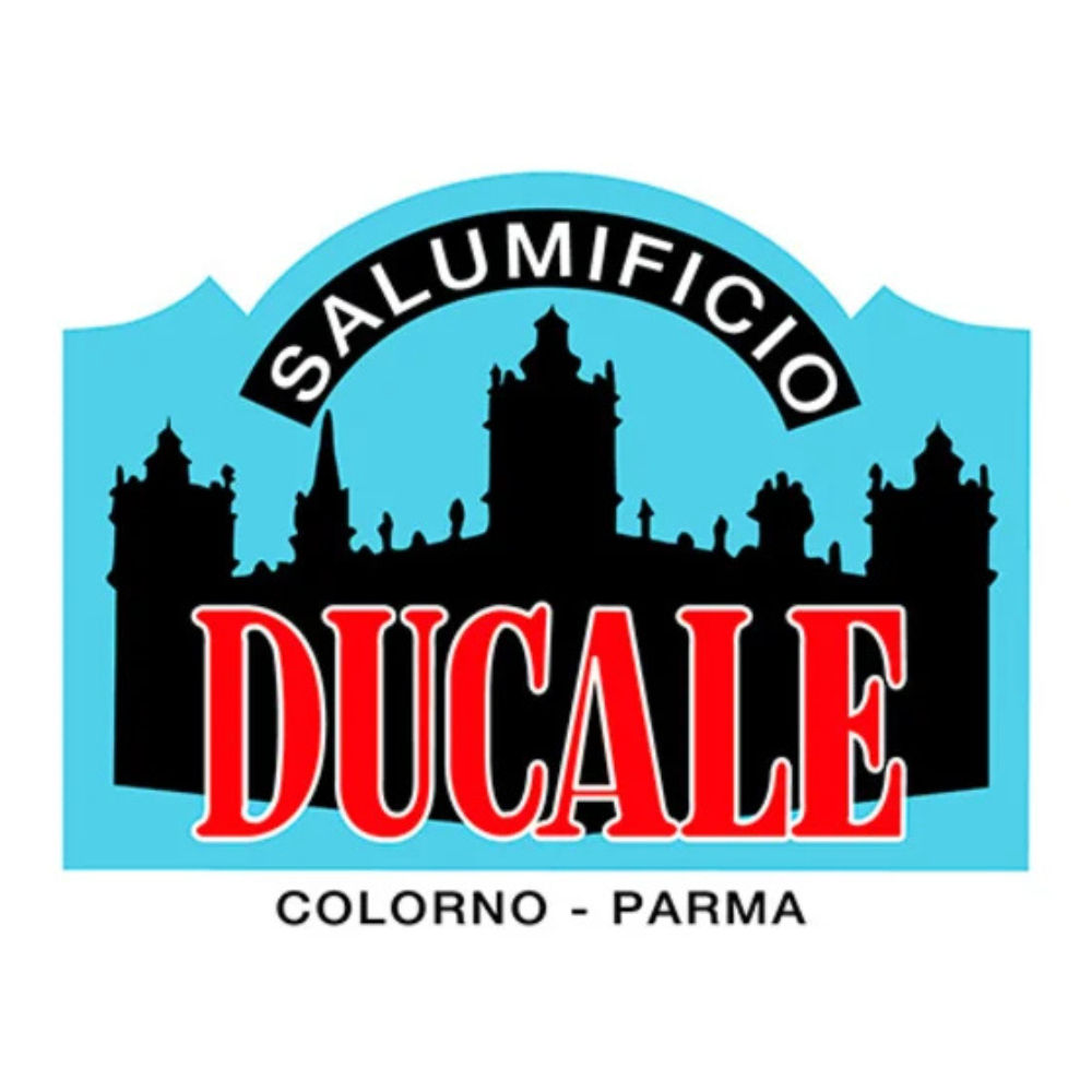 Logo del Salumificio Ducale: sagome di torri su sfondo blu evocano il prestigio di Colorno, Parma. Eleganza storica in primo piano.