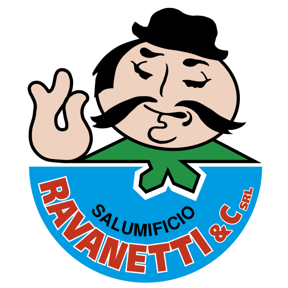Logo del Salumificio Ravanetti, un uomo con baffi e cappello fa il gesto ok, esprimendo qualità artigianale.