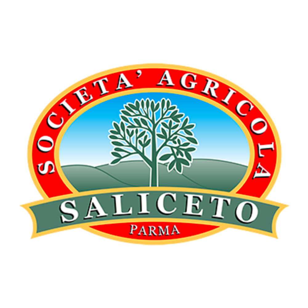 Logo della Società Agricola Saliceto di Parma, con albero stilizzato e colline verdi sullo sfondo.