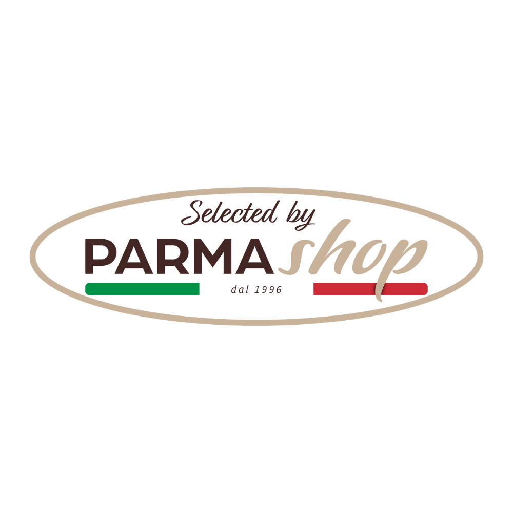 Logo Selected by Parmashop con testo elegante e bandiera italiana, simbolo di eccellenza dal 1996.