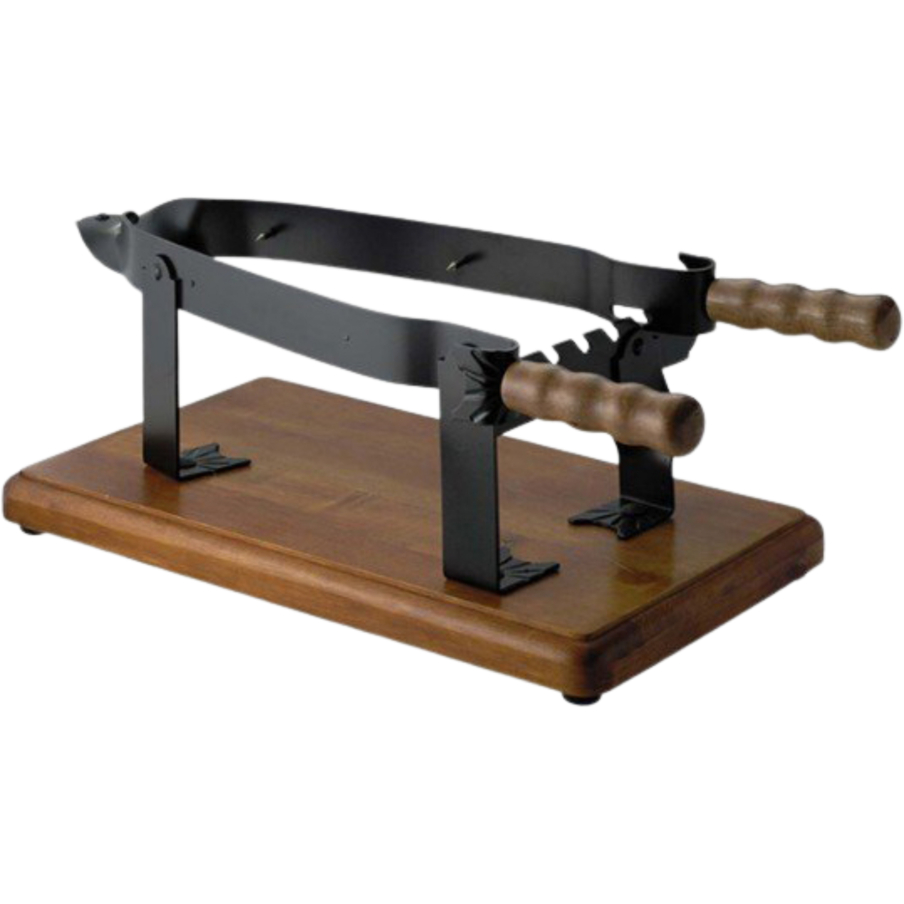 Una morsa stabile in acciaio inox per il prosciutto, posata su una base in legno massello, ideale per effettuare tagli precisi ed eleganti.