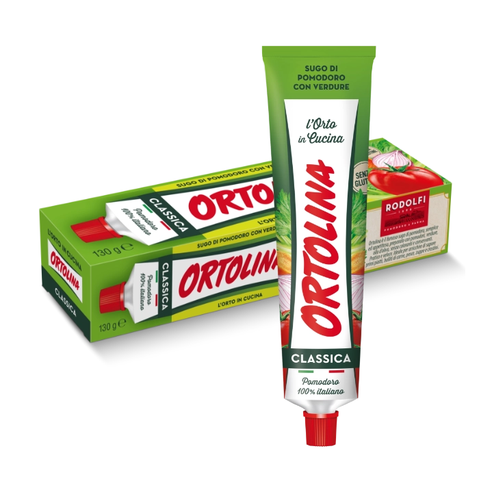 Iconico tubetto da 130g di salsa Ortolina Classica - un mix di pomodoro, verdure e olio d'oliva, perfetto per esaltare ogni piatto.