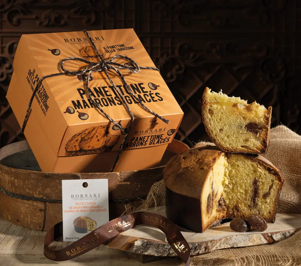 Panettone artigianale con pezzi di marron glacé canditi.