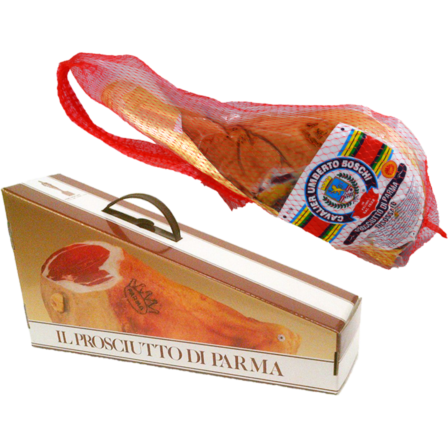 Delizioso Prosciutto di Parma DOP, stagionato per 16 mesi e accuratamente disossato, presentato in un'elegante confezione regalo. Un sapore delicato che evoca le colline parmensi.