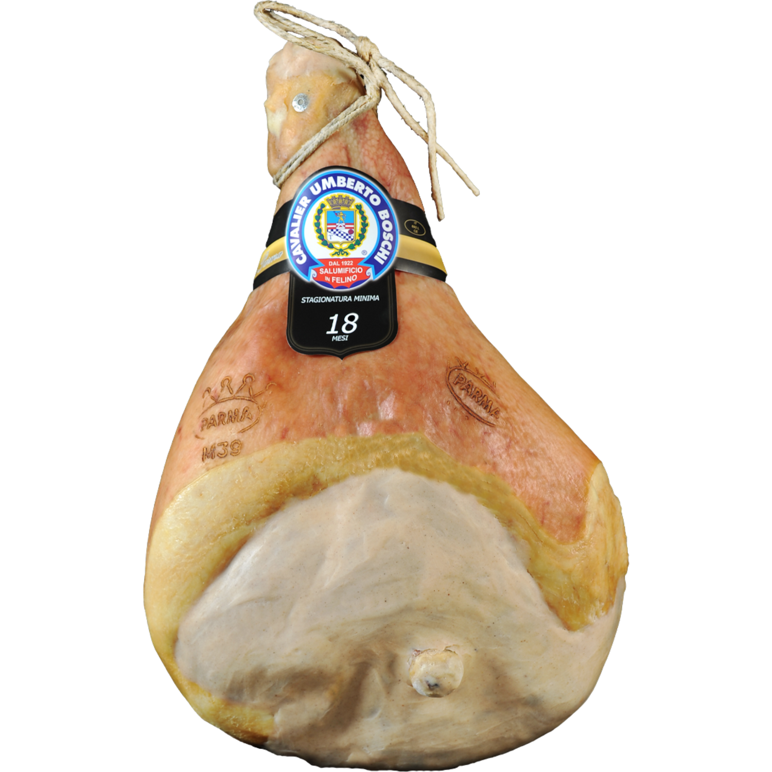 Interamente con osso, un prosciutto di Parma DOP stagionato per 18 mesi a Langhirano. Dolce, profumato e con sigillo d'eccellenza.