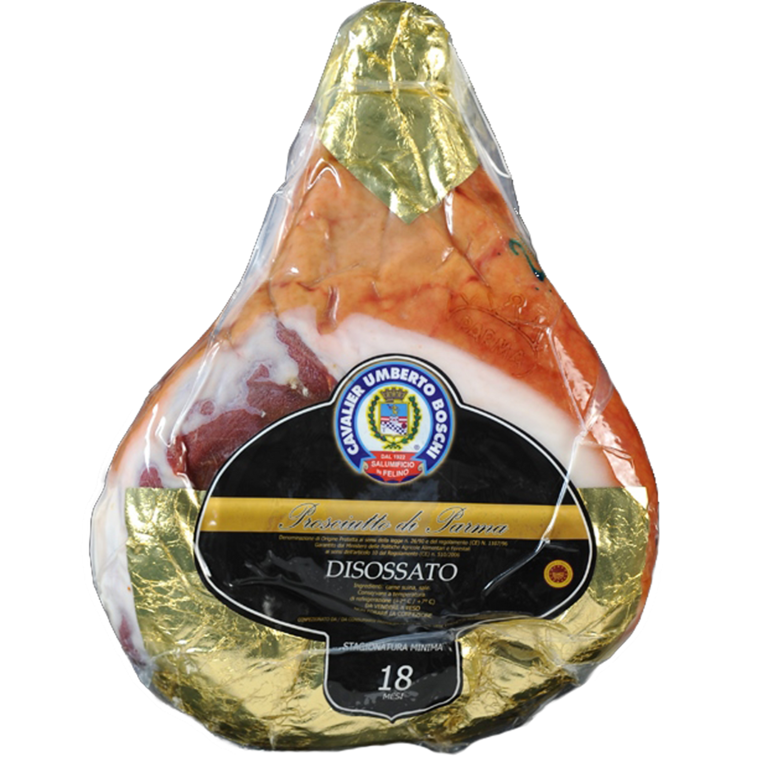 Delizioso Prosciutto di Parma DOP, stagionato per 18 mesi e disossato, presentato in una confezione firmata Umberto Boschi, esprime la tipica dolcezza italiana.