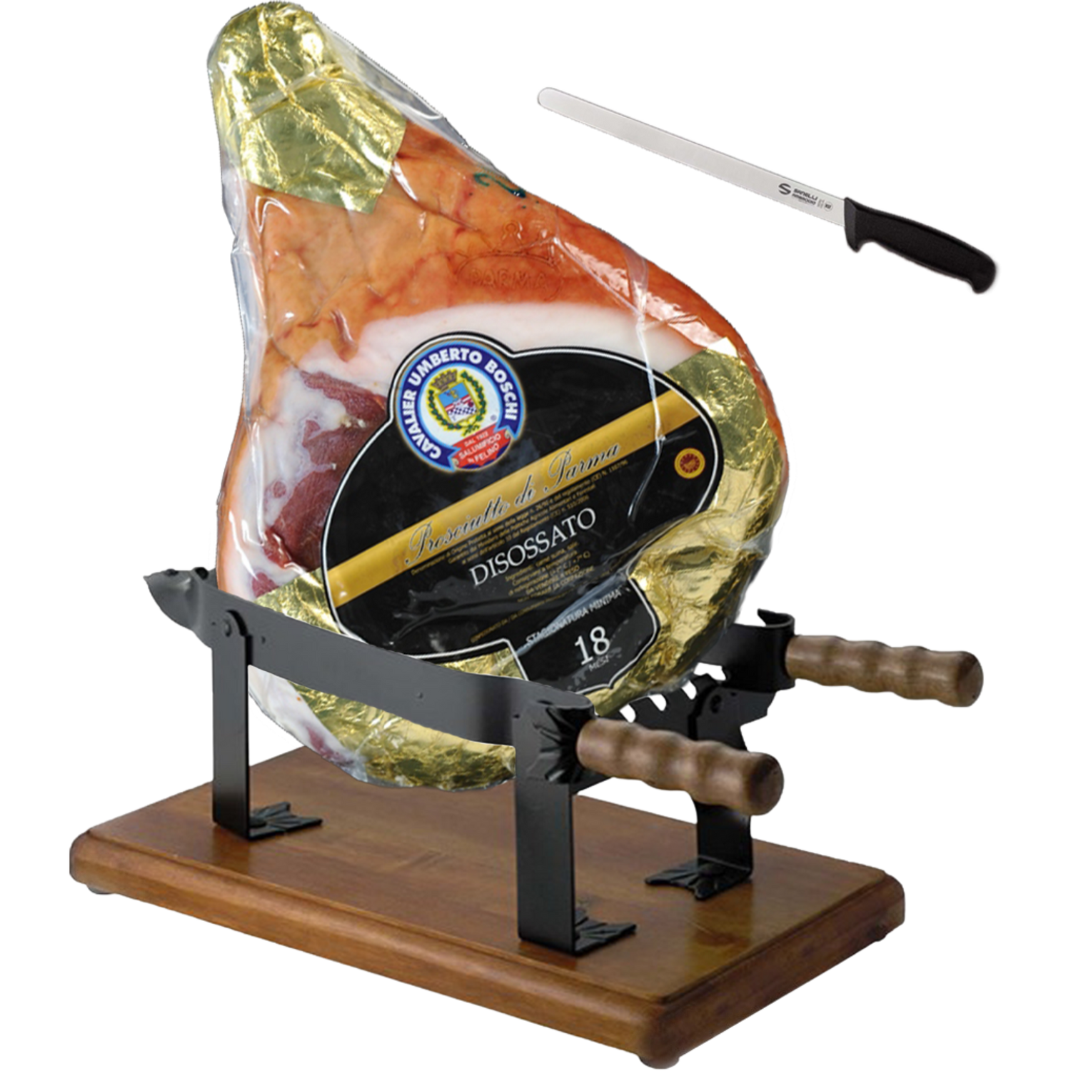 Un autentico Prosciutto di Parma DOP, stagionato per 18 mesi, viene presentato con supporto e coltello, esprimendo tutto il sapore e la tradizione della storica Etichetta Nera.