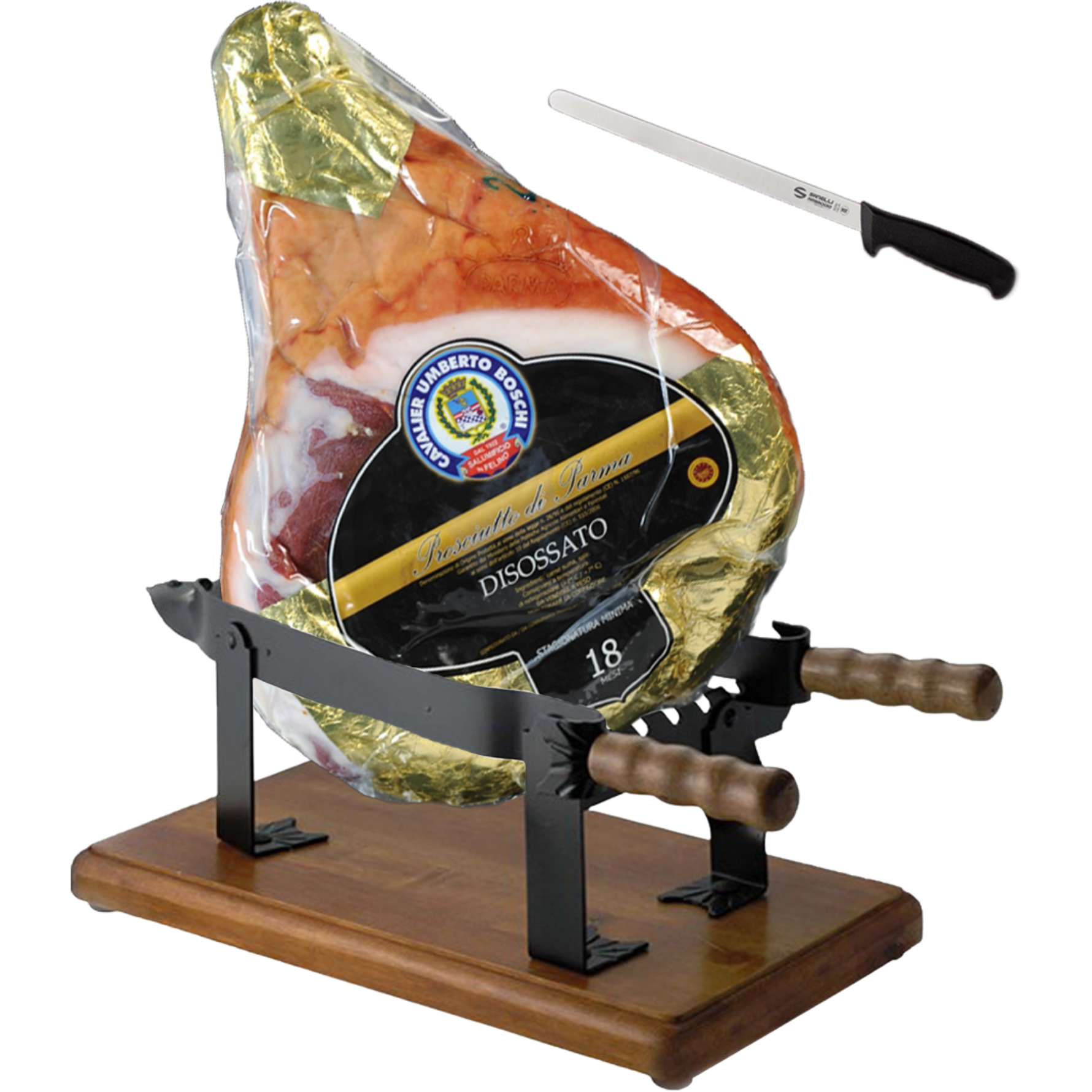 Un autentico Prosciutto di Parma DOP, stagionato per 18 mesi, viene presentato con supporto e coltello, esprimendo tutto il sapore e la tradizione della storica Etichetta Nera.