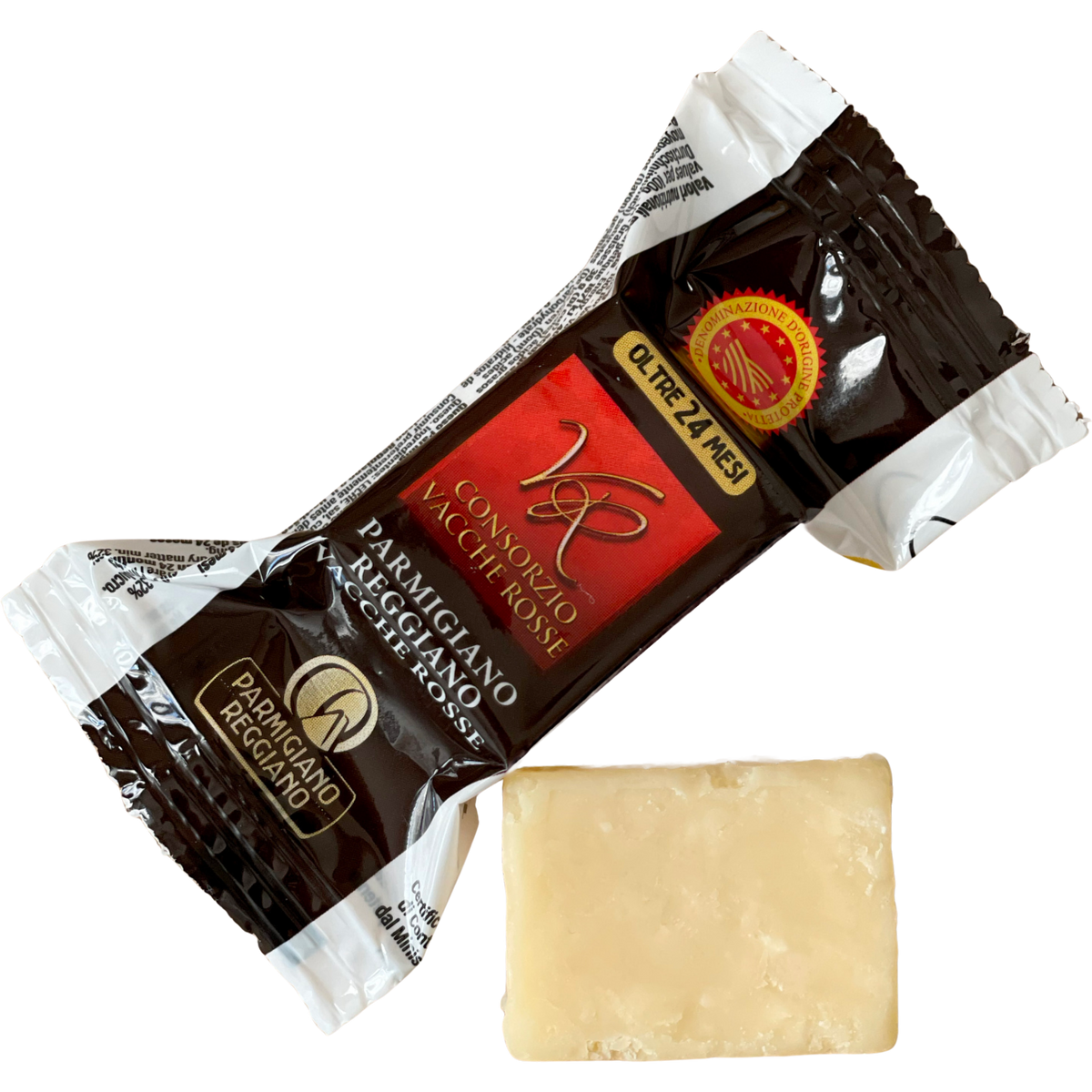 Snack di Parmigiano Reggiano Vacche Rosse 24 mesi, vista dall'alto.