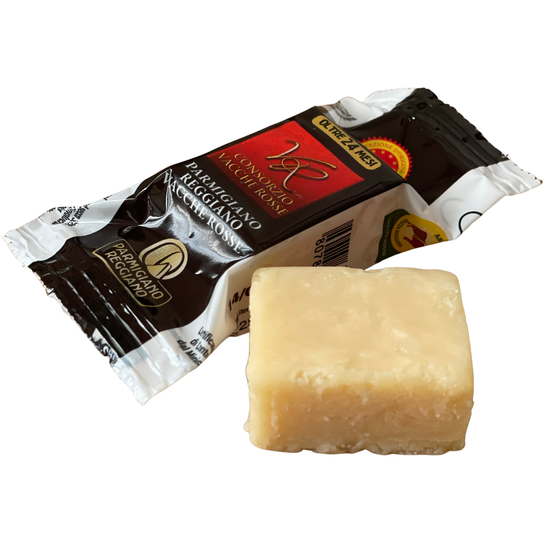Snack di Parmigiano Reggiano Vacche Rosse 24 mesi, vista laterale.