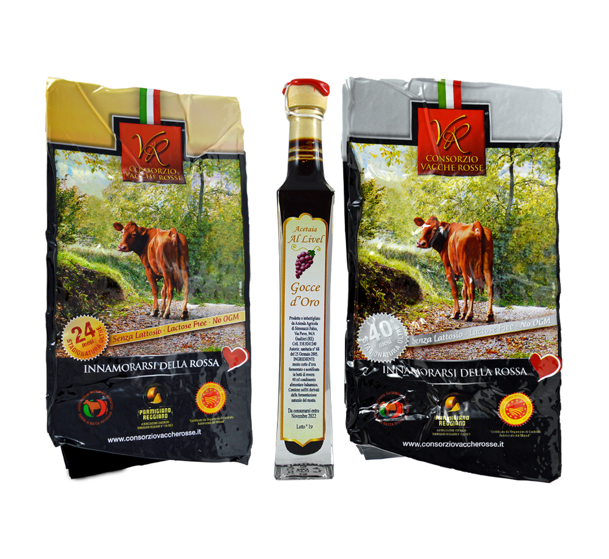 Esplora i sapori emiliani con il Box Degustazione Parmigiano Vacche Rosse. Include due stagionature e balsamico artigianale.