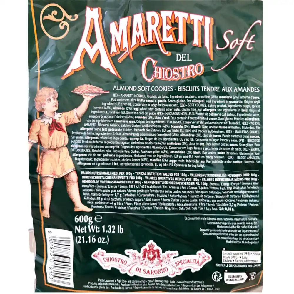 amaretti soft del chiostro prodotti da chiostro di saronno incartati singolarmente in varie colorazioni pacchetto da 600 gr. l'etichetta indica gli ingredienti, gli allergeni e i valori nutrizionali