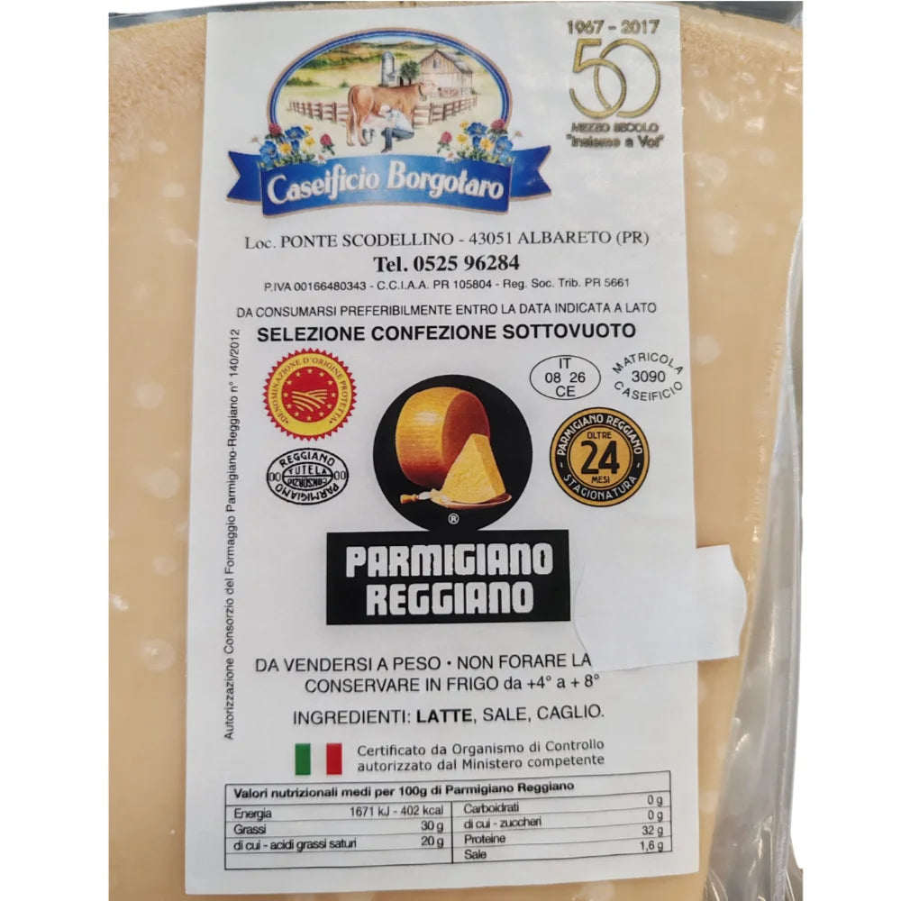 etichetta parmigiano reggiano di montagna 24 mesi borgotaro con informazioni nutrizionali e ingredienti