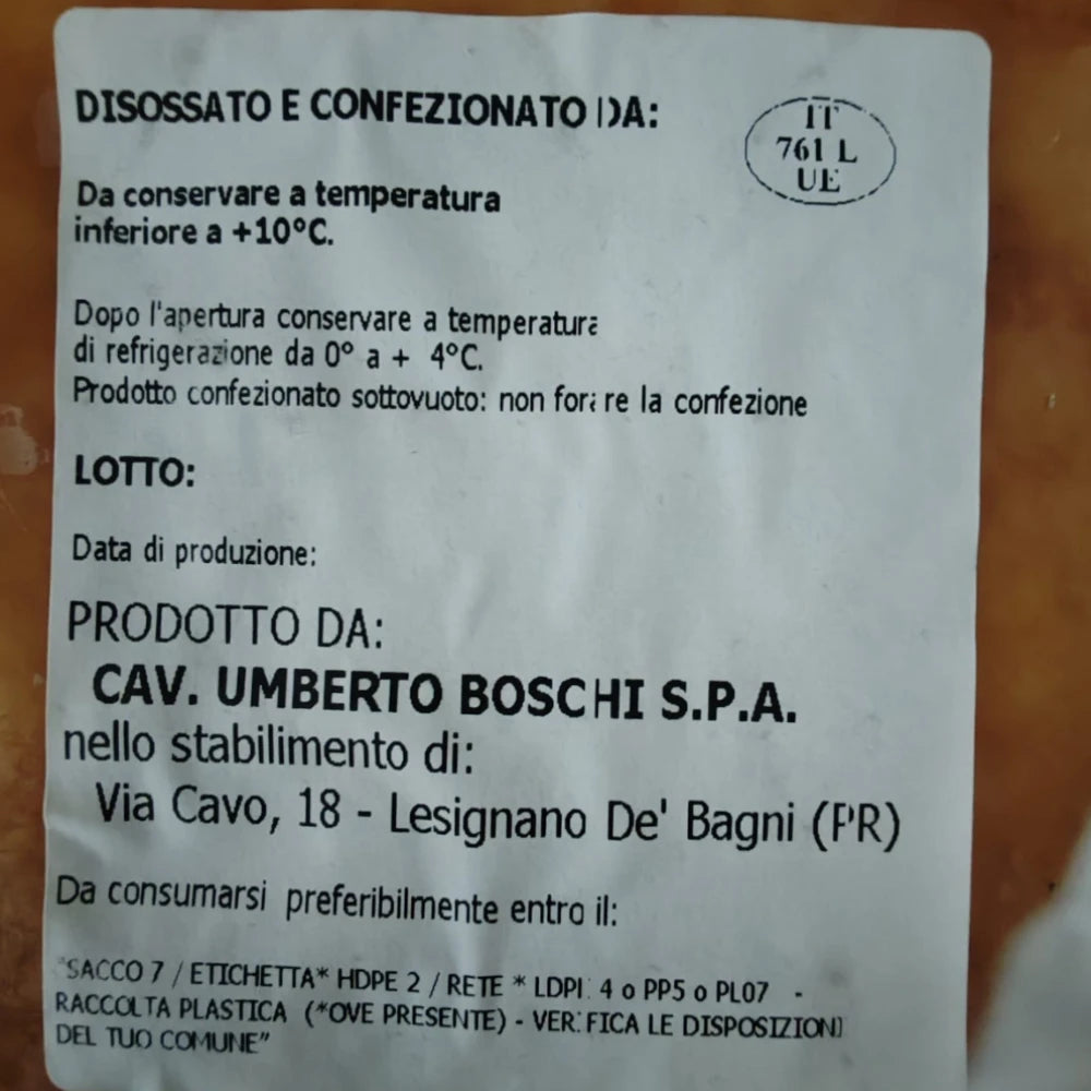 Jambon de Parme affiné 24 mois de Cavalier Umberto Boschi, étiquette avec mode de conservation après ouverture