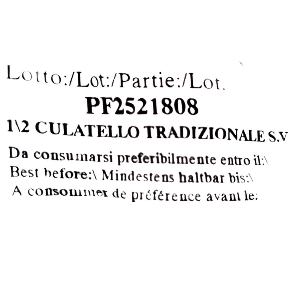 culatello tradizionale di Cavalier Umberto Boschi venduto da Parmashop  peso circa 2 Kg sotto vuoto già trattato. L'etichetta indica il numero del lotto e la scadenza