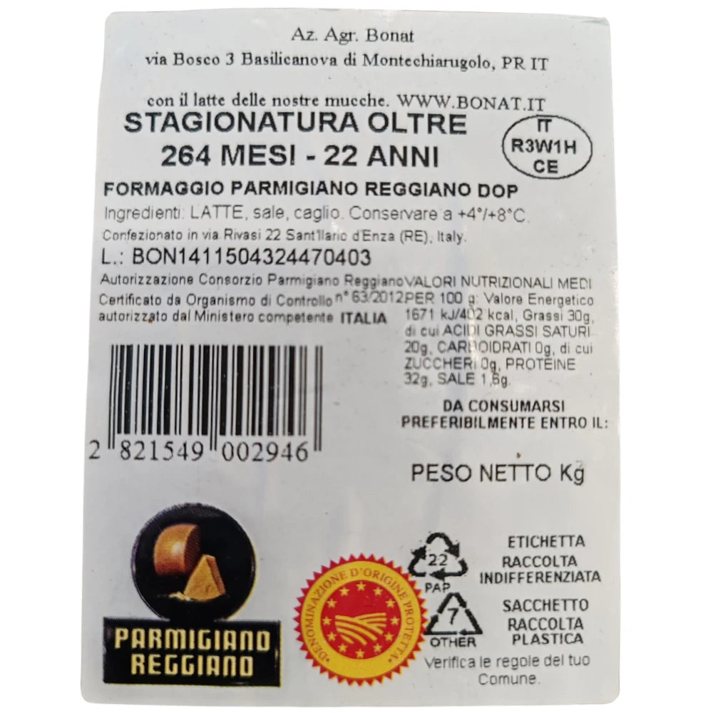 Parmigiano Reggiano Bonat 22 anni stagionatura oltre 264 mesi etichetta con valori energetici, ingredientei e allergeni