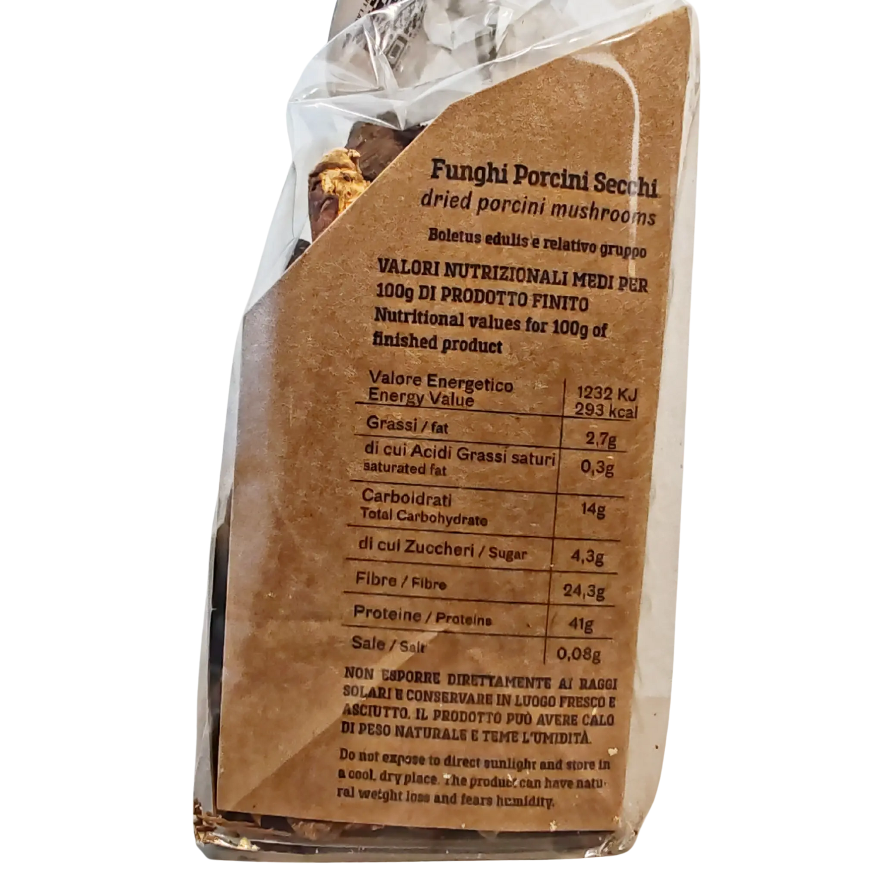 Una confezione trasparente mostra i funghi porcini secchi di qualità speciale, con la tabella nutrizionale dettagliatamente illustrata sul lato sinistro