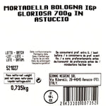 mortadella sotto vuoto di Gianni Negrini, in scatola venduta da parmashop, lato inferiore della scatola dove è indicato il lotto, la scadenza e il peso del prodotto